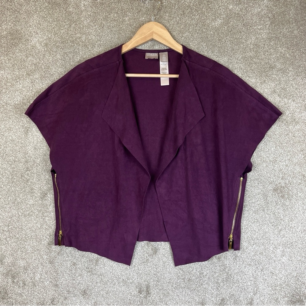 Chico’s Cardigan Womens 0 Purple Short Sleeve Open Side Zipper Stretch- 9042*